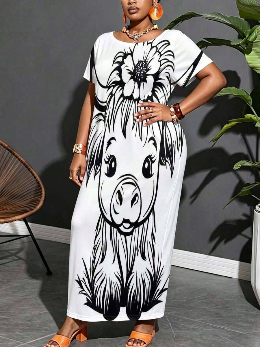 Floral Pig Print Long Dress In Black And White Loose Fit Maxi Dress For Casual Outings - 彩色 - 查看 1