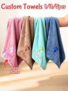 1/3/5pcs Customized Name & Paw Print Embroidered Pet Towels, Quick-Dry Microfiber Bath Towels, Suitable For Dogs And Cats, Perfect For Puppy Bathing, Beach, Camping And Daily Use, Multiple Colors Available, Suitable For Small/Medium/Large Pets - Multicolor - View 2