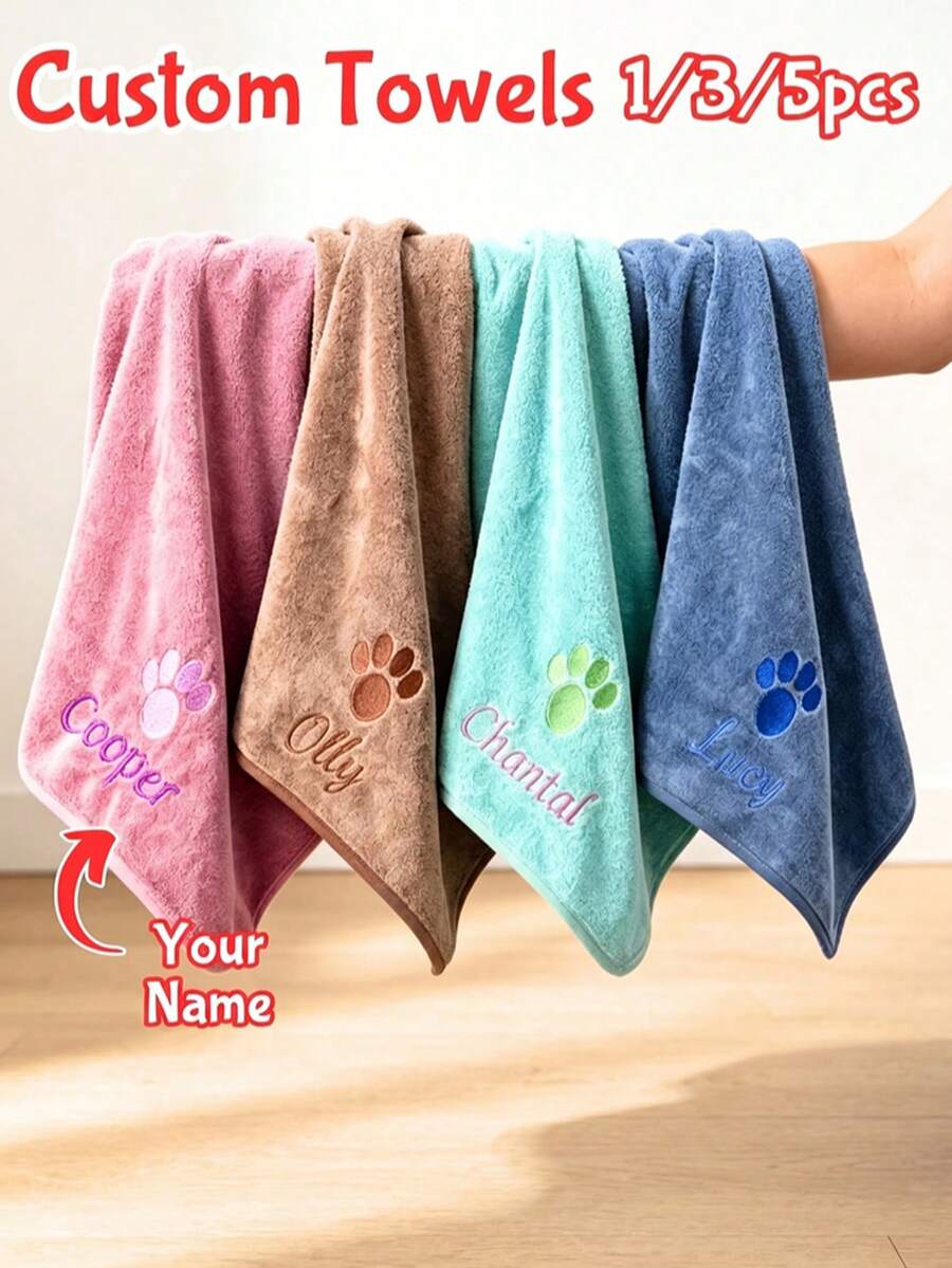 1/3/5pcs Customized Name & Paw Print Embroidered Pet Towels, Quick-Dry Microfiber Bath Towels, Suitable For Dogs And Cats, Perfect For Puppy Bathing, Beach, Camping And Daily Use, Multiple Colors Available, Suitable For Small/Medium/Large Pets