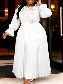 Plus Size Women's White Elegant Chiffon Pleated Ruffle Waist, Long Sleeve Dress, Graceful For Church Wedding Guest Party Evening Gown Fall - White - View 4