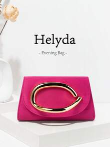 Helyda 玫瑰紅高級天鵝絨女款翻蓋手拿包，金色手持裝飾晚宴包，可作為手拿包/手提包/單肩包/斜挎包，適合婚禮/派對/舞會/晚宴及其他聚會 - 玫紅色 - 查看 1
