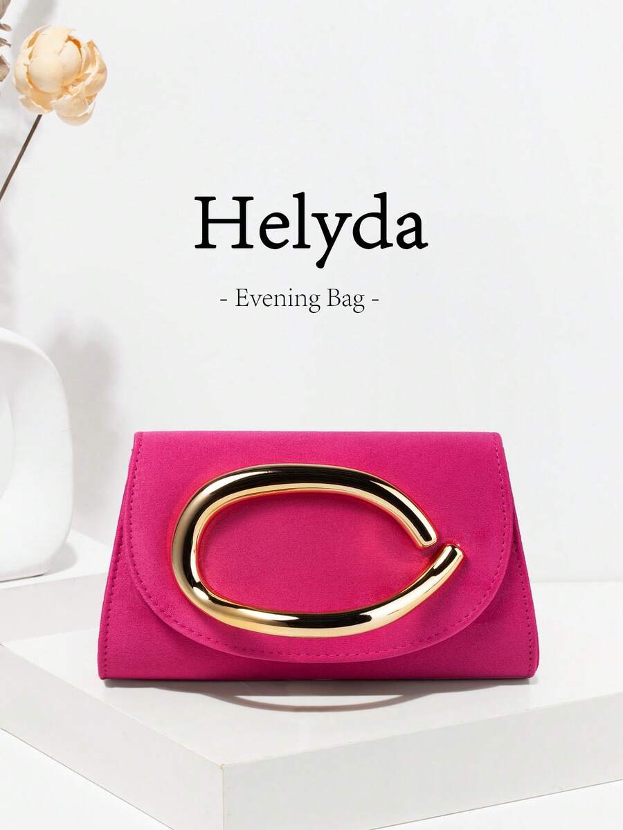 Helyda 玫瑰紅高級天鵝絨女款翻蓋手拿包,金色手持裝飾晚宴包,可作為手拿包/手提包/單肩包/斜挎包,適合婚禮/派對/舞會/晚宴及其他聚會 - 玫紅色 - 查看 1