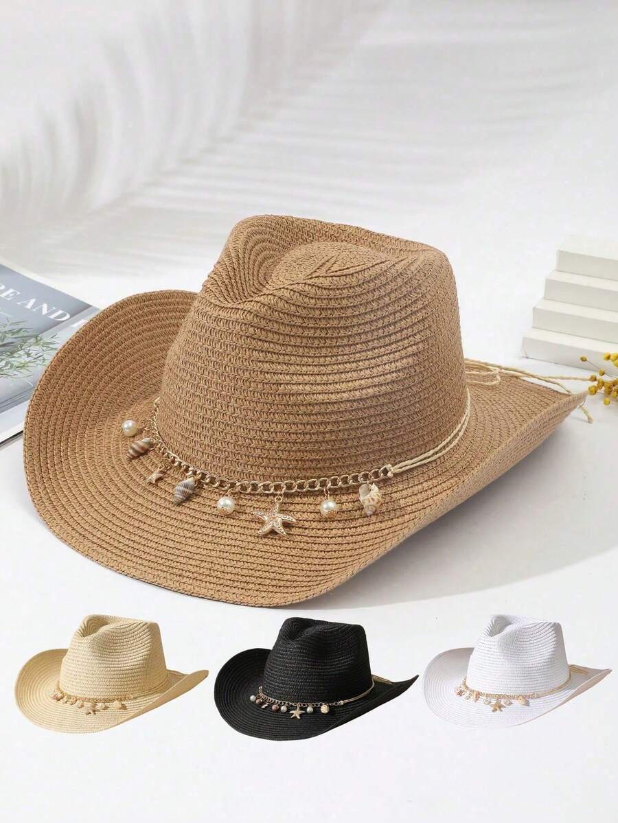 1pc Women's Fashion Straw Hat, Outdoor Beach Sun Hat, Wide Brim Spring/Summer British Style Cowboy Hat, Starfish Decor Sun Beach Hat, Foldable Panama Hat, Suitable For Daily Use Outdoor Gift - A - View 1