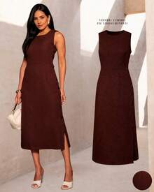 Women's Midi Dress Elegant Casual Buttons Front Simple Button - 鏽棕色 - 查看 1