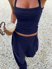 Spring/Summer Women Camisole Tight Top, Casual Color-Blocking Loose Suit, Fashionable Leisure Holiday Set Elegant - Navy Blue - View 2