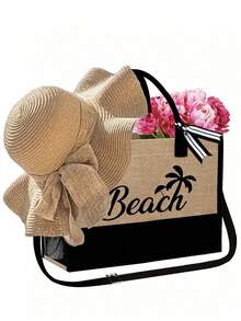 Beach Themed Tote Bag Set With "Beach" Lettering And Palm Tree Graphics. This Fashionable Foldable Beach Bag Is Perfect For Swimming And Beach Trips. It Can Also Be Used As A Women's Shoulder Bag, Grocery Shopping Bag, Or Multipurpose Storage Bag. Chic Commuter Handbag - Multicolor - View 19