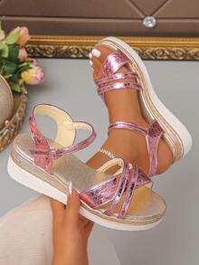 Women's Wedge Platform Sandals, Solid Color Beach Buckle Comfortable Height-Increasing Thick Sole Open Toe Sandals For Summer - Mauve Purple - View 7