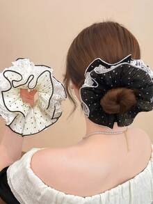 1pc Polka Dot Mesh 4-Layer Lace Hair Scrunchie, Princess Style Ribbon Bow Hair Tie, Hair Accessories - Multicolor - View 3