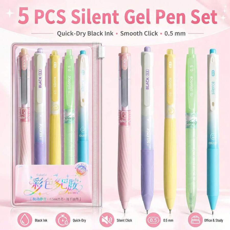 5支可伸縮凝膠筆,淺藍色靜音無噪音按壓筆,0.5mm細筆尖快乾黑色墨水順滑書寫筆,適用於考試、學校、辦公文具套裝 - 馬卡龍色 - 查看 1