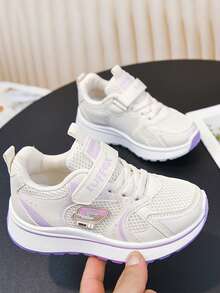 Girls' Spring/Autumn Mesh Breathable Sports Shoes, Lightweight Soft Sole Anti-Slip Hook & Loop White Sneakers, Student Casual Running Shoes - Purple - View 3