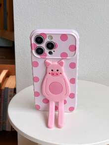 1pc Pink Side 3D Heart, Painted Polka Dot Pattern + Foldable Cute Pig Stand Phone Protective Case, Compatible With IPhone 17/17pro/17promax/16/16pro/16promax/15/15pro/15promax/15plus/14/14pro/14plus/14promax/13/13pro/13promax/12/12pro/12promax/11/11promax - Multicolor - View 2