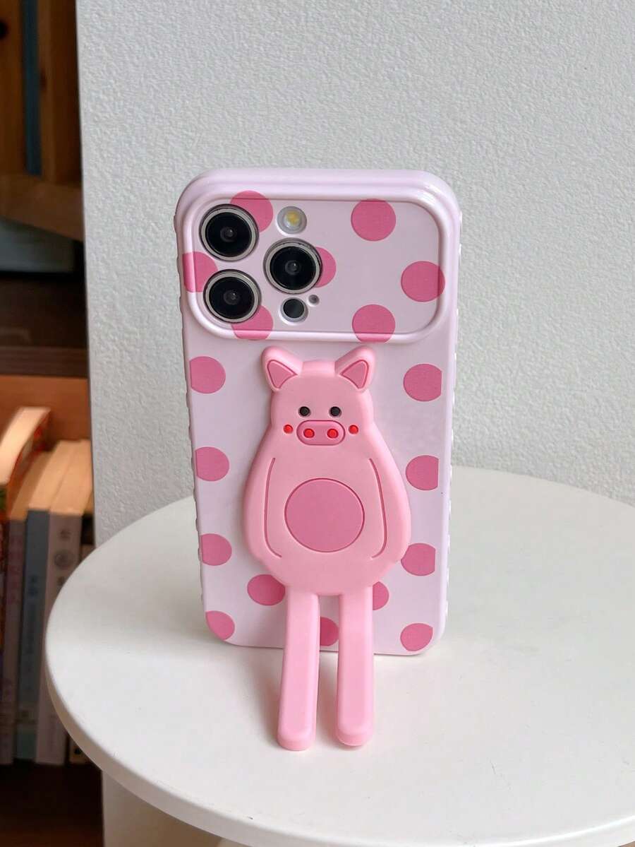 1pc Pink Side 3D Heart, Painted Polka Dot Pattern + Foldable Cute Pig Stand Phone Protective Case, Compatible With IPhone 17/17pro/17promax/16/16pro/16promax/15/15pro/15promax/15plus/14/14pro/14plus/14promax/13/13pro/13promax/12/12pro/12promax/11/11promax