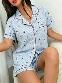 Dreamivo Women's Elegant Short Sleeve Short Shorts Pajama Set, Summer - Baby Blue - View 3