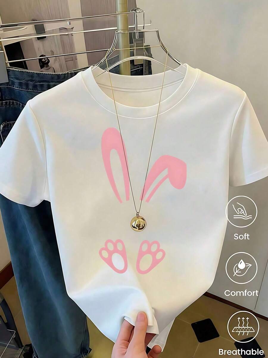 Women's White T-Shirt With Rabbit Ears And Paws In Leopard Print, Fashionable Animal Print T-Shirt, Casual Summer Blouse With Cute Bunny Design, Aesthetic And Fun Top - 銅色 - 查看 1