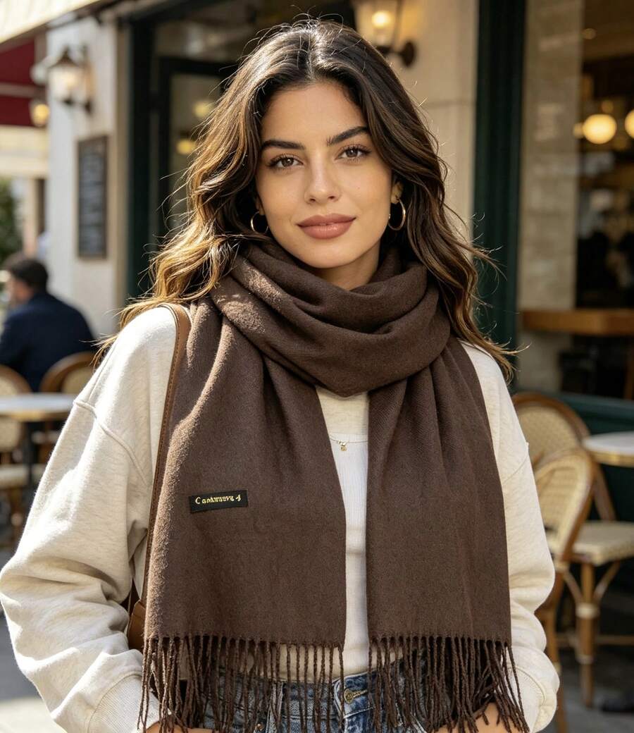Plain Polyester Pashmina Scarf Weighing 120g-150g With Fringe, Unisex. - 棕色 - 查看 1