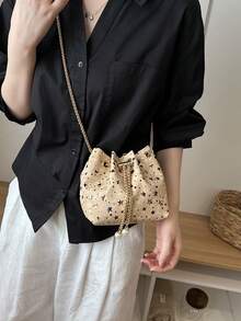 Mini New Fashion Straw Woven Gold Chain Drawstring Bucket Bag Beach Bag - Khaki - View 4