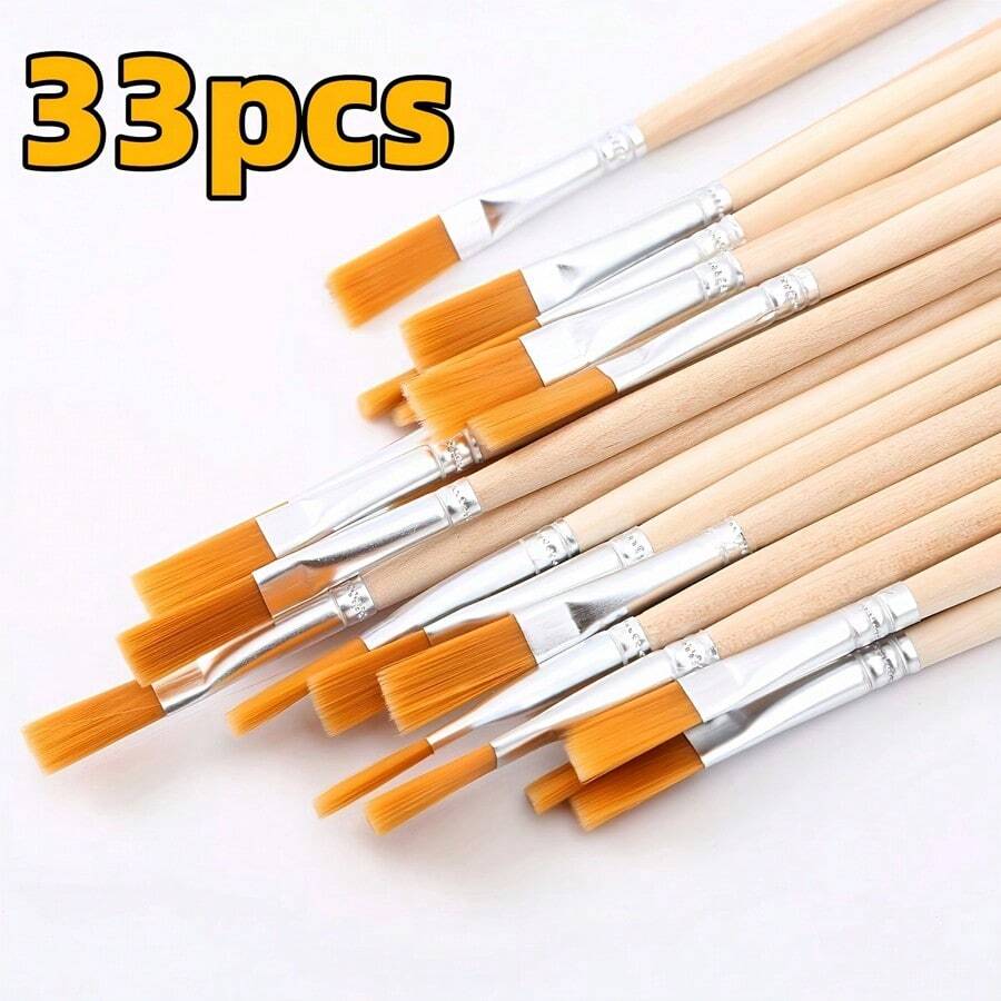 33 piezas - BUSINESS DAYS Pinceles de cerdas de nailon premium con mangos de madera - Pinceles de arte de alta calidad, adecuados para acuarela, gouache y pintura acrílica - Incluye puntas planas y puntiagudas - Opción ideal para artistas y entusiastas de la pintura, suministros de arte para pintura - 33 cabeza plana - Ver 1