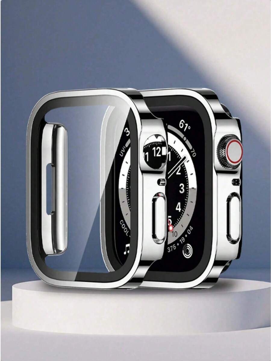 Glass + Protective Case Compatible With Apple Watch 42 46mm 45mm 41 49 44mm 40mm, Straight Edge Screen Protector Cover, Compatible With Apple Watch SE 6 7 8 9 10 11 Ultra - Silver - View 1