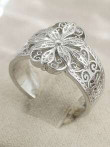 Exquisiter Verlobungsring mit Cut Out Blumendesign, geeignet für Männer und Frauen, Hochzeitsfeier und tägliches Accessoire - Silber - Übersicht 11