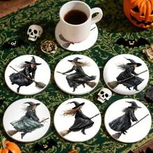 6 piezas de posavasos de PET, elementos de Halloween, diseño vintage de bruja montada en escoba dibujado a mano, posavasos resistentes al calor, lavables, económicos, adecuados para decoración de eventos y fiestas, centro de mesa, decoraciones de Halloween, Navidad y Acción de Gracias - Posavasos de PET - 1821 - Ver 6