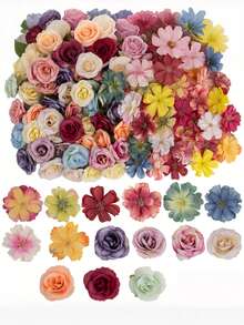 50/100PCS Mixed Color Artificial Flower Heads Set, Faux Decorative Flower Heads For Wedding Decoration, Room Decor, Tabletop Wall Decor, Home Ornament, Cake Decoration DIY, Birthday, Holiday Gift - Multicolor - View 1