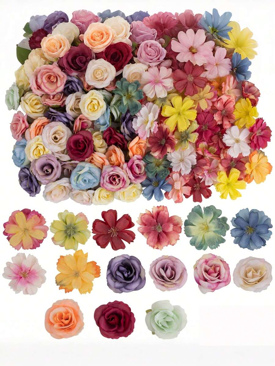 50/100PCS Mixed Color Artificial Flower Heads Set, Faux Decorative Flower Heads For Wedding Decoration, Room Decor, Tabletop Wall Decor, Home Ornament, Cake Decoration DIY, Birthday, Holiday Gift - Multicolor - View 1