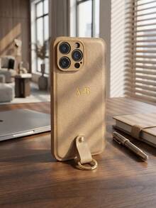 客製化金色燙金縮寫字母荔枝紋人造皮革手機殼，附指環掛繩，個性化刻字防震防摔保護殼，適用 17 16 15 14 13 12 11 Pro Max Plus，極簡黑色奢華手機配件，適合女性男性青少年女孩男孩，母親節父親節週年紀念 - 摩卡棕 - 查看 4
