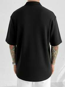 Men's Vintage Textured Casual Solid Color Drawstring Short Sleeve Top And Long Pants 2-Piece Set - Black - View 6