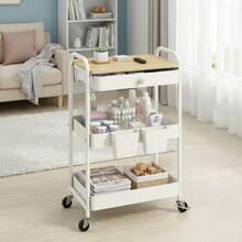3 Tier Rolling Cart Metal Utility Cart With Wooden Table Top Drawer Hanging Cups Storage Cart For Kitchen Bathroom Office - White - View 7