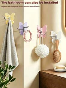 Aesthetic 360° Rotating Butterfly Triple Hook, No-Drill Self-Adhesive Wall Hanger For Hats, Bags & Coats, Strong Sticky Corner Organizer For Bathroom/Bedroom Decor/Kitchen Storage, Space-Saving Rotating Rack For Keys, Scarves & Towels - View 4