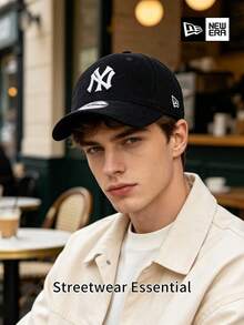 New Era 黑色燈芯絨 NY Logo 棒球帽，復古街頭風老爹帽，休閒中性日常頭飾 - 黑色 - 查看 2