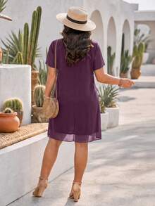 Summer New Women's Elegant Casual Chiffon Dress, Solid Color Short Sleeve Round Neck Flowy Ruffle Hem Loose Straight Dress, Suitable For Commuting And Office - Purple - View 5