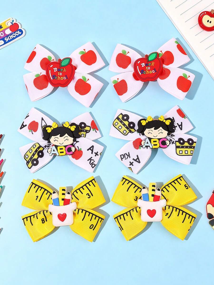 2/6pcs Back To School Hair Bows For Girls Cute Alligator Clips ABC Letters Hair Clips Multicolor Grosgrain Ribbon Bow Barrettes Teens Hair Accessories - Multicolor - View 1