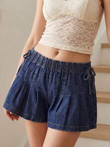 Womens Summer Denim Skorts Casual Loose Fit Stylish Pleated Solid Color Drawstring Elastic Mid Rise Shorts - Blue - View 2