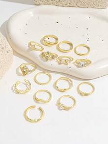 15 Buah Cincin Gaya Vintage Court dengan Hiasan Berlian Imitasi dan Mutiara Imitasi, Cincin Campuran Bentuk Gelombang dan Pita Polos, Set Cincin Tumpuk Multi-Bordir Bentuk Hati dan Busur untuk Wanita - Emas - View 2