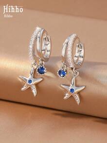 Hihho 1 Pair Ocean Vacation Style Charming Fashion Starfish Earrings, Royal Blue Zirconia Embellished, Versatile Women's Jewelry Ear Accessories Suitable For Daily, Party, Outing, Holiday Decoration Gift - Starfish - View 9