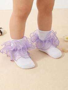 4 pares de calcetines blancos lisos dulces y lindos para niñas con ribete de encaje con volantes, decoración de encaje de color caramelo, adecuados para el uso diario y actividades al aire libre de las niñas - Multicolor - Ver 10