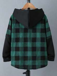 Boys' All-Season Casual Fashion Commute School Long Sleeve Plaid Hooded Button-Up Shirt - Dark Green - View 2