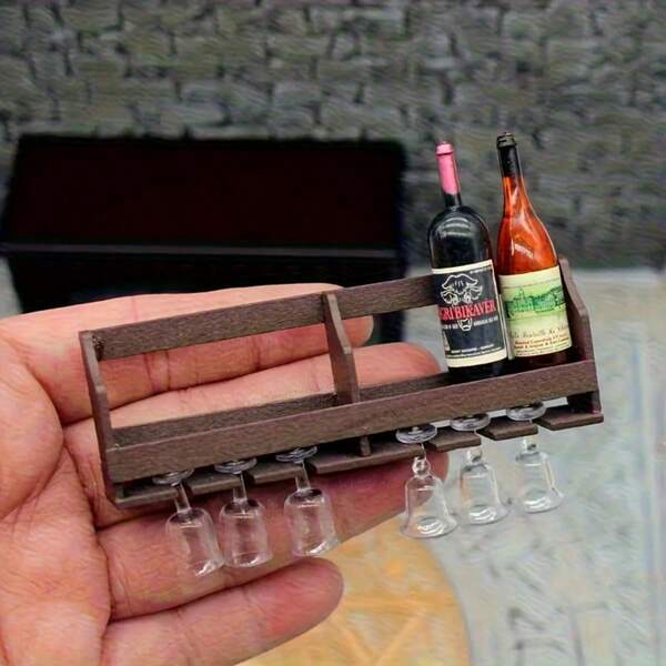 1 Piece Set Mini Wall-Mounted Wine Glass Holder And Wine Set, Random Bottle And Glass Styles, Miniature Decorative Accessory
