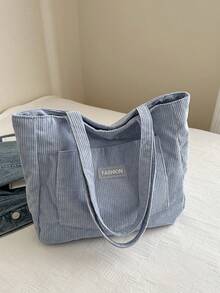 Corduroy Large Capacity Solid Color Minimalist Tote Bag - Baby Blue - View 9