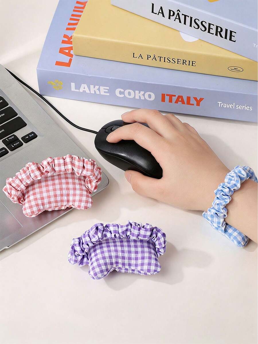 3/1pc Cute Pastel Gingham Small Pillow Wrist Rest With Elastic Scrunchie Band, Polyester Puckered Plaid Keyboard Support For Typing Office, Social Media Aesthetic Mouse Pad For Women, Summer - Multiple Styles - View 1