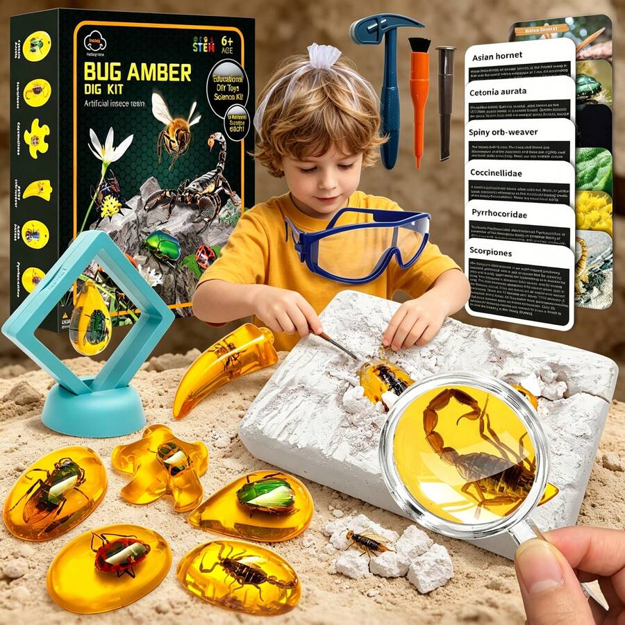 Children's STEM Amber Digging Kit, Artificial Insect Amber Digging Tool Set, Dinosaur/Crystal Archaeology Digging Kit, STEM Science Toys, Hands-On Practice For Kids, Can Dig Up Insect Specimens, Fun Educational Activity, Suitable For Children 3 Years And Older Insect Fossil Digging Toy, Educational Science Experiment Kit, Birthday Gift For Boys And Girls, Holiday Gift - 彩色 - 查看 1