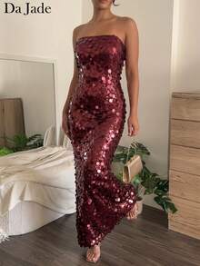 Robe longue sirène élégante pour femme, rouge bordeaux à sequins, bretelles spaghetti, encolure droite, coupe slim, robe de soirée adaptée pour dîner et invitée de mariage - Rouge foncé - Voir 3