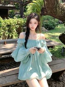 Autumn Women's Ruffle Trim Spaghetti Strap Dress, Cool & Elegant, Suitable For Summer - Cadet Blue - View 4