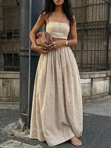 Zweiteiliges Damen-Set Aurelia mit trägerlosem Crop-Top und langem Rock, Webstoff - Beige - Übersicht 1