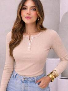 Women's Ribbed Cotton Blouse With Round Neck And Front Button, Long Sleeves, Comfortable. - BEIGE - View 1