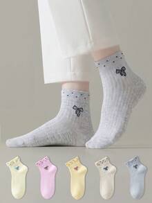 ZUJO 5 pares de calcetines cortos para mujer, con estampado de lazo, adecuados para viajes familiares durante todo el año, sencillos y cómodos, colores aleatorios - Multicolor - Ver 2