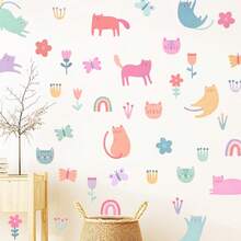 1set Watercolor Wall Stickers Featuring Cats, Butterflies, And Flowers, Self-Adhesive Paper, Suitable For Home Decoration, Room Decoration, And Wall Decoration, Made Of Waterproof PVC Material, Removable - Self-adhesive - View 5