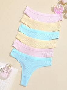 6 قطع/مجموعة سراويل داخلية مضلعة مريحة بتصميم ثونغ G-String T-Back بدون خياطة، سراويل داخلية نسائية مثلثة مثيرة ومريحة - متعدد الألوان - مشاهدة 6