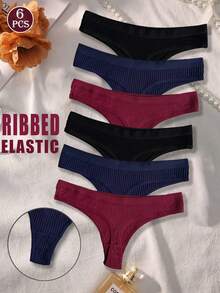 6pcs/Set Ribbed Comfortable G-String T-Back Thong Panties, Seamless Sexy Triangle Briefs For Women - Multicolor - View 8